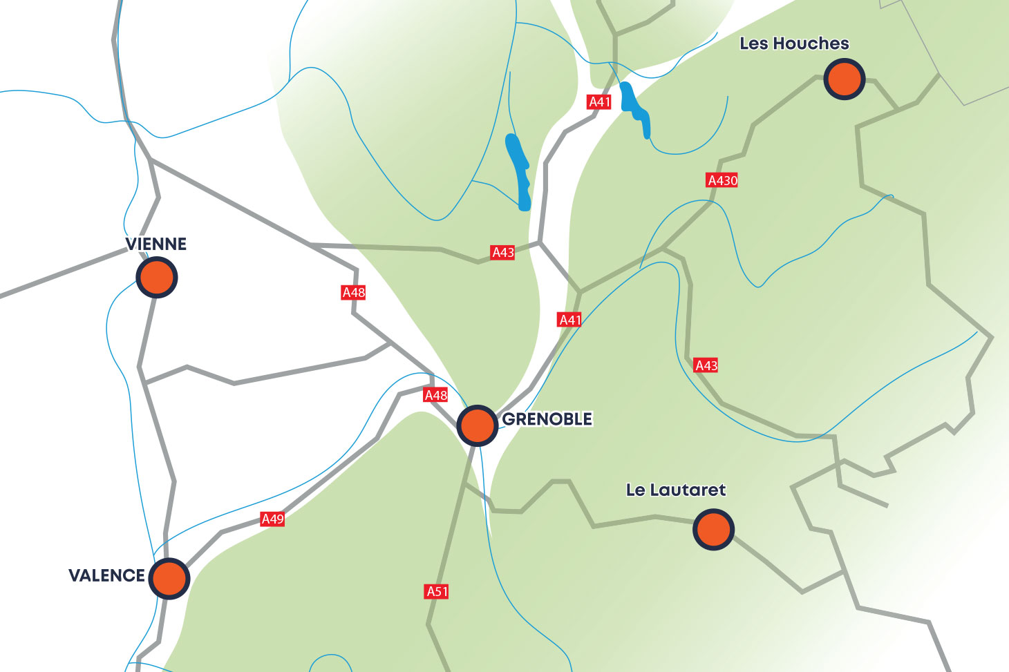 Localisation géographique des campus de l'Université Grenoble Alpes : Grenoble, Valence, Vienne, Les Houches, Le Lautaret