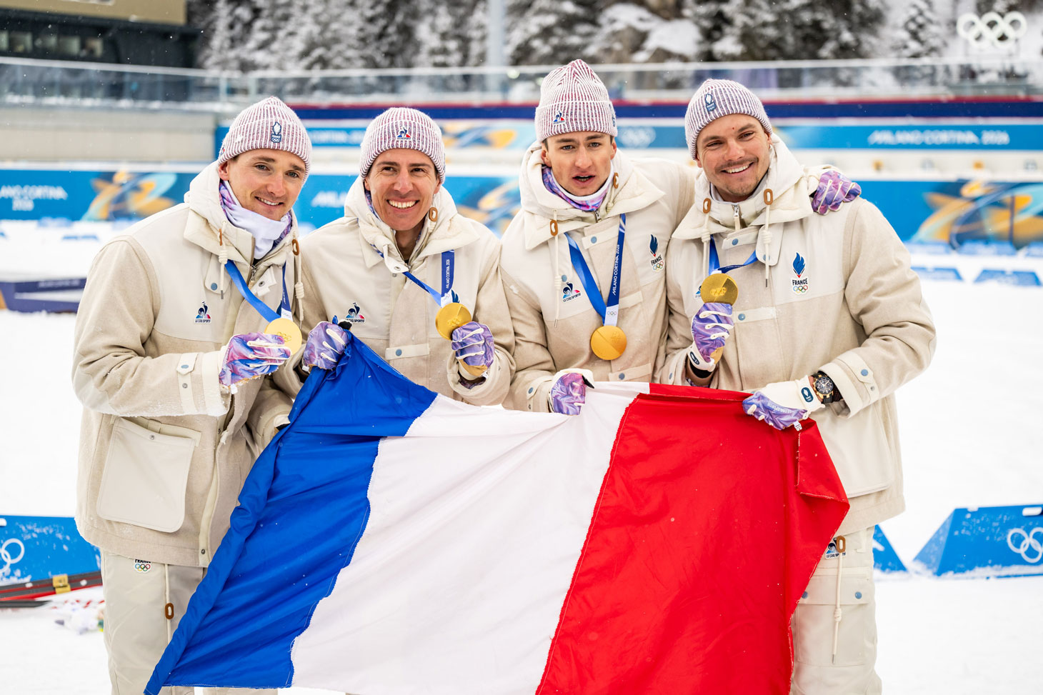 De g. à d. : Fabien Claude, Quentin Fillon Maillet, Eric Perrot et Emilien Jacquelin © Agence Zoom - Kevin Voigt